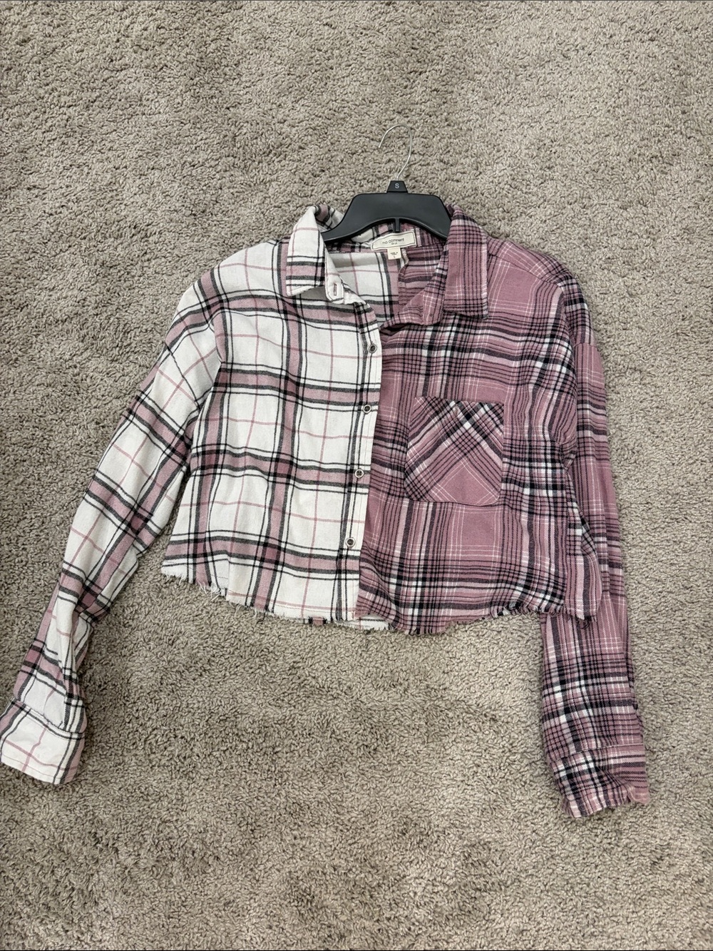 Two-Tone Pink Plaid Cropped Button-Up Top